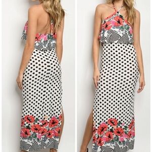 EVENT HALTER BACKLESS OFF WHITE BLACK POLKA DOTS SLIT MAXI DRESS